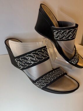 Impo Black Wedge Slide Sandals with Silver Beaded Straps